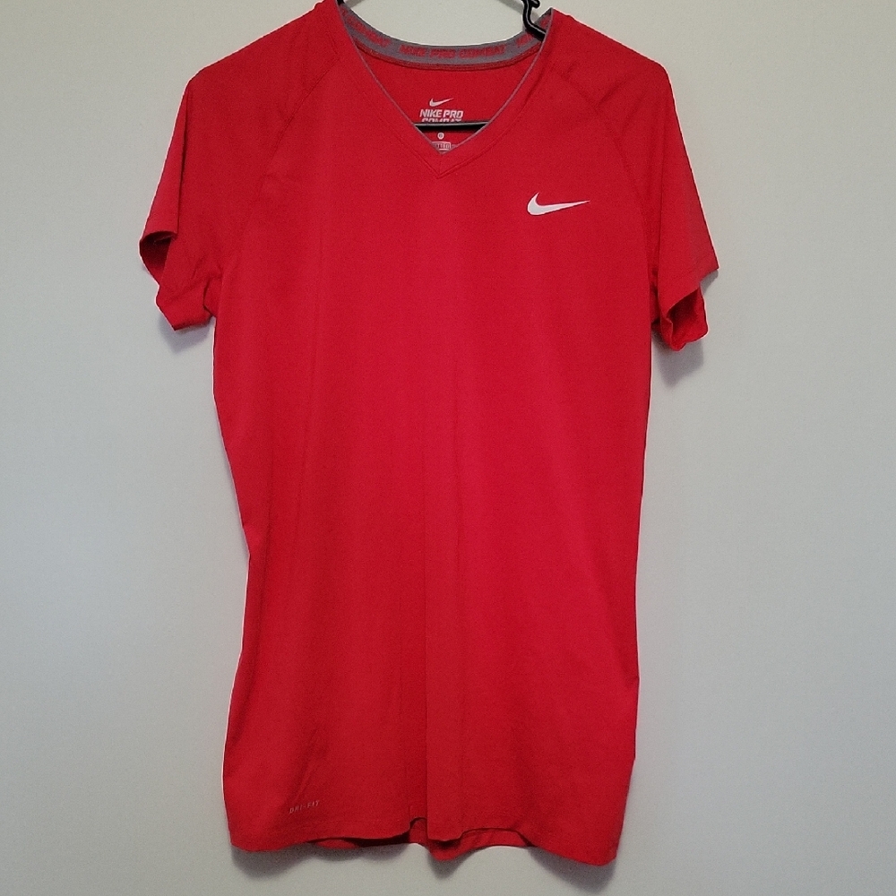Nike Pro Combat Womens Vibrant Pink Short Sleeve V-neck Fitted Compression Shirt